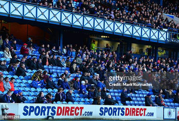 Sports Direct signage on show at Ibrox stadium during the William Hill Scottish Cup Fifth Round match between Rangers and Raith Rovers on February 8,...