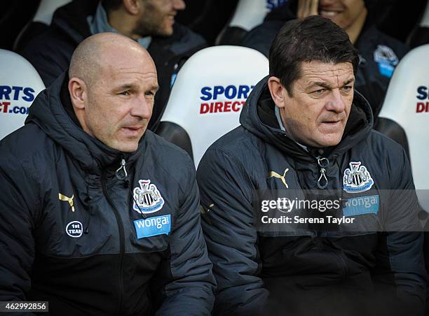 Newcastle Head Coach John Carver sits in the dugouts with First Team Coach Steve Stone during the Barclays Premiership Match between Newcastle United...