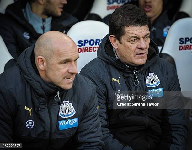 Newcastle Head Coach John Carver sits in the dugouts with First Team Coach Steve Stone during the Barclays Premiership Match between Newcastle United...