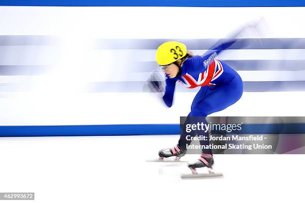 Elise Christie of Great Britain competes in the Women's 500m quarter-finals during day 2 of the ISU World Cup Short Track Speed Skating on February...