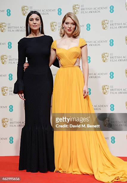 Presenters Monica Bellucci and Lea Seydoux pose in the winners room at the EE British Academy Film Awards at The Royal Opera House on February 8,...