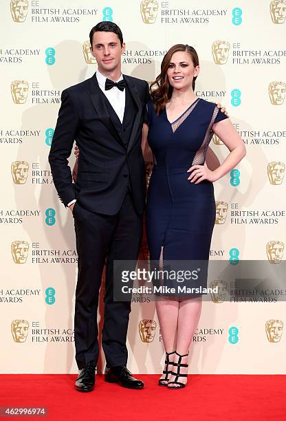 Presenters Matthew Goode and Hayley Atwell pose in the winners room at the EE British Academy Film Awards at The Royal Opera House on February 8,...