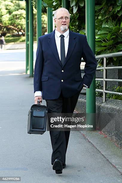 Mark Lundy arrives at Wellington High Court on February 9, 2015 in Wellington, New Zealand. A retrial in the Mark Lundy murder case begins in...