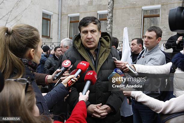 Former president of Georgia Mikheil Saakashvili speaks to the press after a ceremony held for the 29 volunteer Georgian people fighting against the...