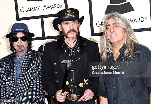 Musicians Phil Campbell, Lemmy and Mikkey Dee of Motorhead attend The 57th Annual GRAMMY Awards at the STAPLES Center on February 8, 2015 in Los...