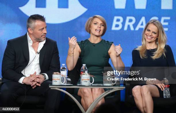 Actors Matt LeBlanc, Kathleen Rose Perkins and Mircea Monroe speak onstage during the 'Episodes ' panel discussion at the Showtime portion of the...