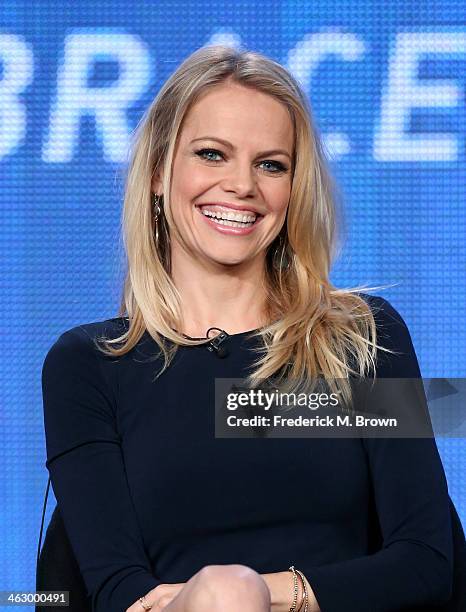 Actress Mircea Monroe speaks onstage during the 'Episodes ' panel discussion at the Showtime portion of the 2014 Winter Television Critics...