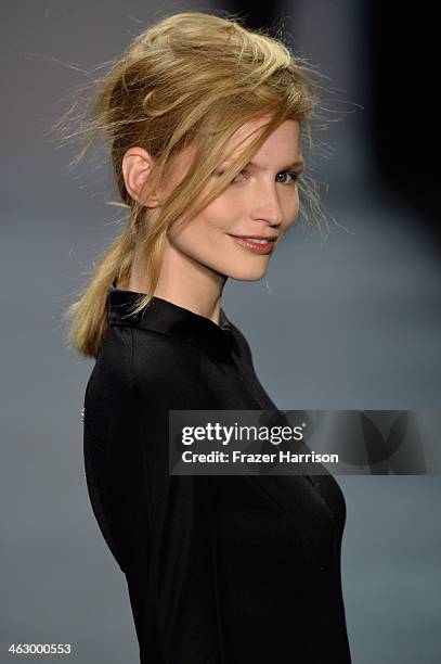 Katrin Thormann walks the runway at the Marc Cain show during Mercedes-Benz Fashion Week Autumn/Winter 2014/15 at Brandenburg Gate on January 16,...