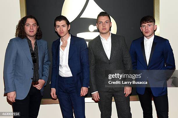 Nick O'Malley, Alex Turner, Matt Helders and Jamie Cook of Arctic Monkeys attend The 57th Annual GRAMMY Awards at the STAPLES Center on February 8,...