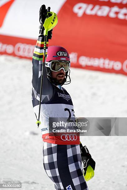 Andreas Romar of Finland reacts after crossing the finish of the Men's Alpine Combined Slalom run in Red Tail Stadium on Day 7 of the 2015 FIS Alpine...