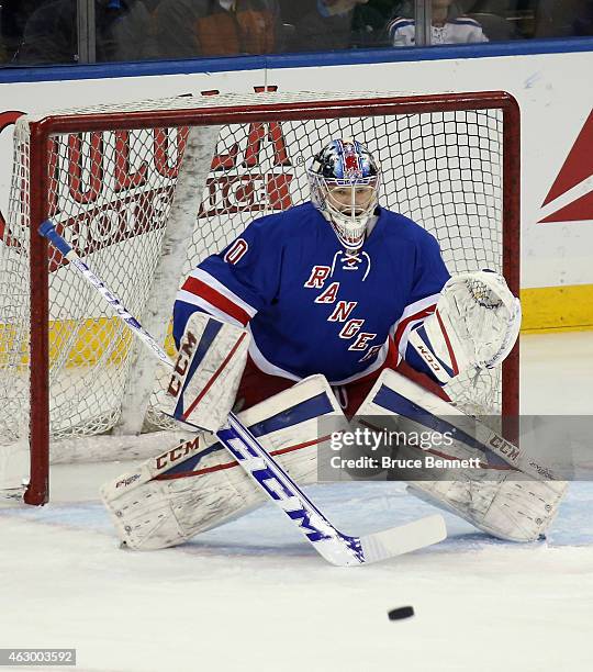 Mackenzie Skapski of the New York Rangers skates in warm-ups prior to the game against the Dallas Stars at Madison Square Garden on February 8, 2015...