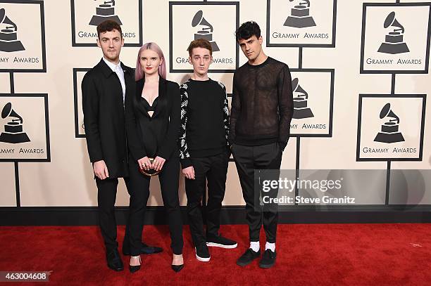 Jack Patterson, Grace Chatto, Luke Patterson and Milan Neil Amin-Smith of Clean Bandit attends The 57th Annual GRAMMY Awards at the STAPLES Center on...