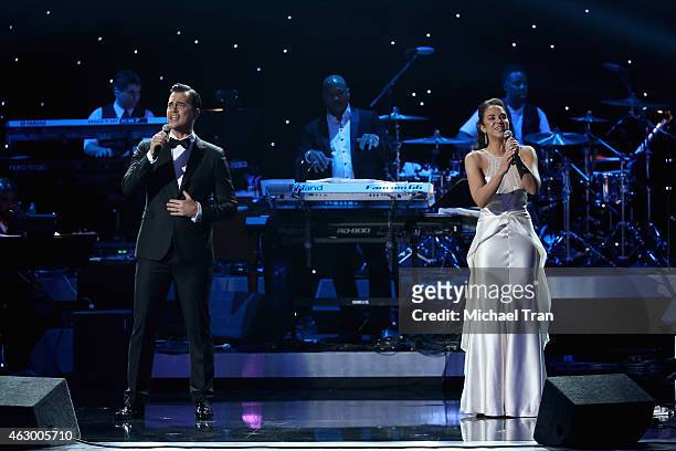 Singers Cheyenne Jackson and Alexandra Silber perform onstage during the The 57th Annual GRAMMY Awards Premiere Ceremony at Nokia Theatre L.A. Live...