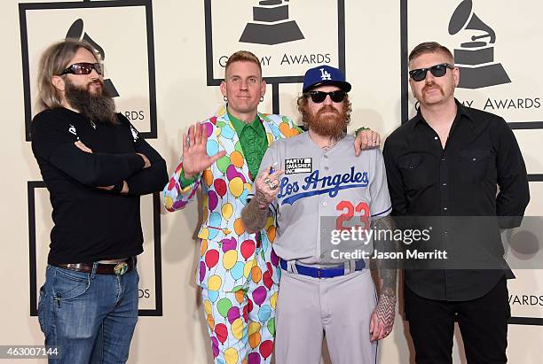 Musicians Troy Sanders, Brann Dailor, Brent Hinds, and Bill Kelliher of Mastodon attend The 57th Annual GRAMMY Awards at the STAPLES Center on...