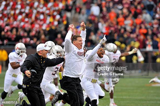 Head coach Randy Edsall of the Maryland Terrapins celebrates a victory against the Virginia Tech Hokies at Lane Stadium on November 16, 2013 in...