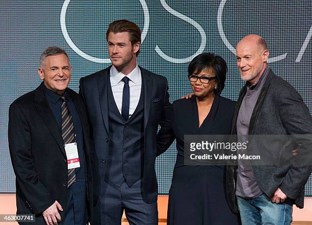Producer Craig Zadan, Chris Hemsworth, Academy President Cheryl Boone Isaacs and producer Neil Meron pose at the 86th Academy Awards Nominations...
