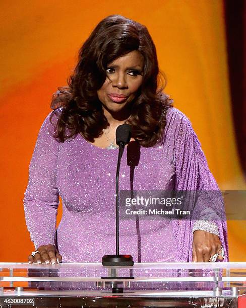 Singer Gloria Gaynor speaks onstage during The 57th Annual GRAMMY Awards premiere ceremony at STAPLES Center on February 8, 2015 in Los Angeles,...