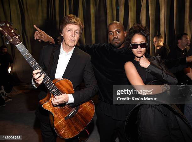 Paul McCartney, Kanye West and Rihanna attend The 57th Annual GRAMMY Awards at STAPLES Center on February 8, 2015 in Los Angeles, California.