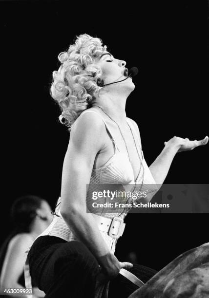 Madonna, vocal performs at the Feijenoord Stadium with Blonde ambition tour in Rotterdam, the Netherlands on 24th July 1990.