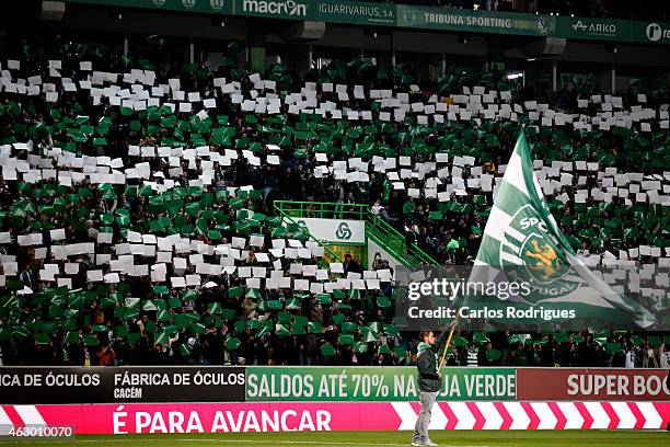 Sporting supporters during the Primeira Liga match between Sporting CP and SL Benfica at Estadio Jose Alvalade on February 08, 2015 in Lisbon,...