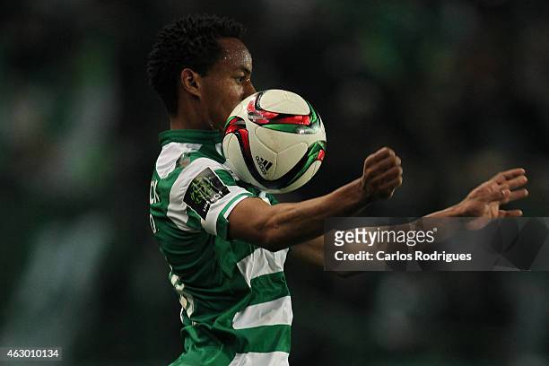 Sporting's forward Andre Carrillo during the Primeira Liga match between Sporting CP and SL Benfica at Estadio Jose Alvalade on February 08, 2015 in...
