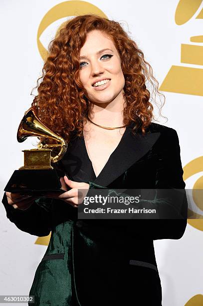 Singer Jess Glynne, winner of Best Dance Recording for 'Rather Be' , poses in the press room during The 57th Annual GRAMMY Awards at the STAPLES...