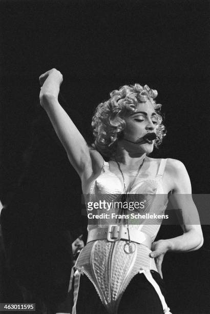 Madonna, vocal performs at the Feijenoord Stadium with Blonde ambition tour in Rotterdam, the Netherlands on 24th July 1990.