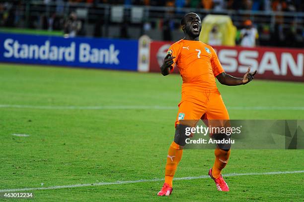 Ivory Coast's Seydou Doumbia celebrates after scoring a goal during the 2015 African Cup of Nations final soccer match between Ivory Coast and Ghana...