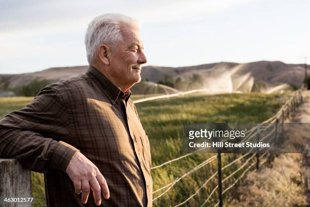 caucasian farmer looking over fields - old farmer stock pictures, royalty-free photos & images