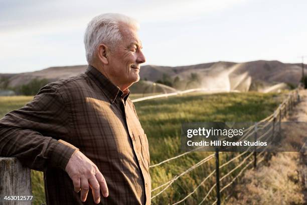 caucasian farmer looking over fields - agricultural activity - fotografias e filmes do acervo