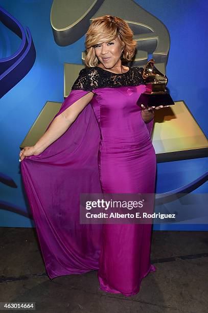 Winner of Best Gospel Album Erica Campbell poses at the Premiere Ceremony during The 57th Annual GRAMMY Awards at Nokia Theatre L.A. LIVE on February...