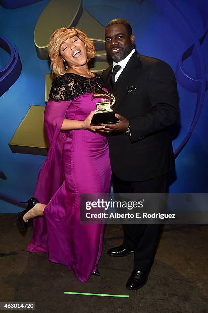 Winner of Best Gospel Album Erica Campbell and producer Warryn Campbell pose at the Premiere Ceremony during The 57th Annual GRAMMY Awards at Nokia...