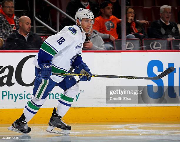 Ryan Stanton of the Vancouver Canucks skates against the Philadelphia Flyers on January 15, 2015 at the Wells Fargo Center in Philadelphia,...