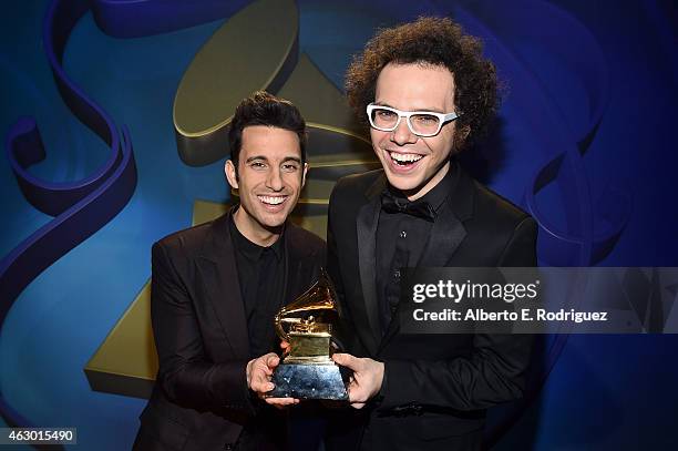 Winners of Best Pop Duo/Group Performance Chad Vaccarino and Ian Axel of A Great Big World pose at the Premiere Ceremony during The 57th Annual...