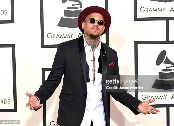 Singer Chris Brown attends The 57th Annual GRAMMY Awards at the STAPLES Center on February 8, 2015 in Los Angeles, California.