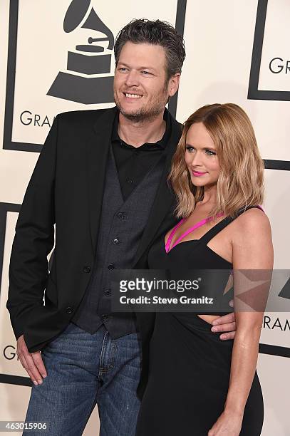 Recording artists Blake Shelton and Miranda Lambert attend The 57th Annual GRAMMY Awards at the STAPLES Center on February 8, 2015 in Los Angeles,...