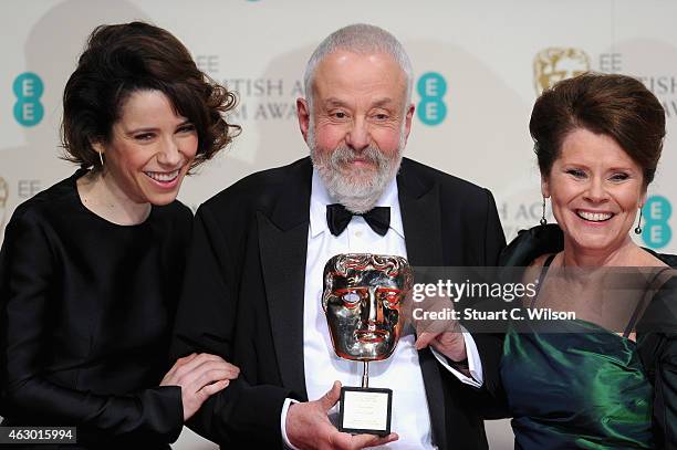 Sally Hawkins, Mike Leigh and Imelda Staunton poses in the winners room at the EE British Academy Film Awards at The Royal Opera House on February 8,...