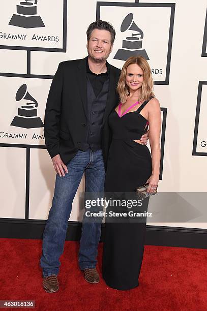 Recording artists Blake Shelton and Miranda Lambert attend The 57th Annual GRAMMY Awards at the STAPLES Center on February 8, 2015 in Los Angeles,...