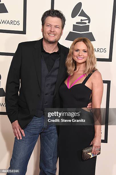 Recording artists Blake Shelton and Miranda Lambert attend The 57th Annual GRAMMY Awards at the STAPLES Center on February 8, 2015 in Los Angeles,...