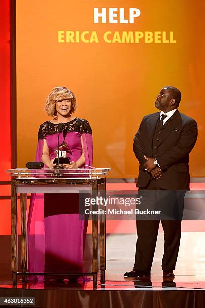 Recording artist Erica Campbell and record producer Warryn Campbell accept the award Best Gospel Album onstage at the Premiere Ceremony during The...