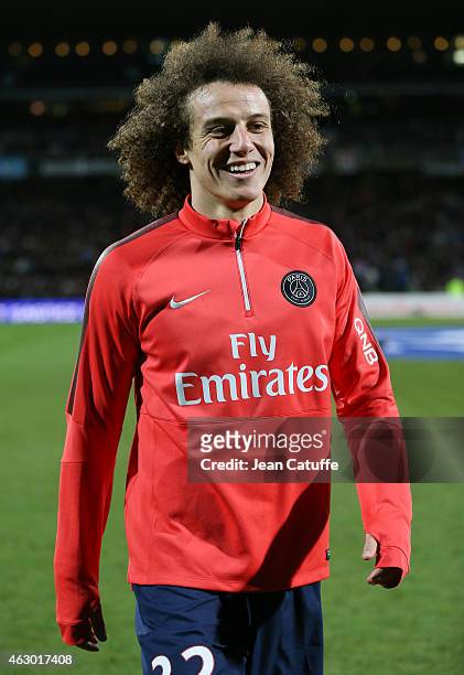 David Luiz of PSG smiles before the French Ligue 1 match between Olympique Lyonnais and Paris Saint-Germain FC at Stade de Gerland on February 8,...