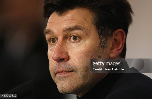 Head coach of Lyon Hubert Fournier answers to the media during the post-match press conference after the French Ligue 1 match between Olympique...