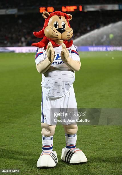 Lyou, the mascot of Olympique Lyonnais looks on before the French Ligue 1 match between Olympique Lyonnais and Paris Saint-Germain FC at Stade de...