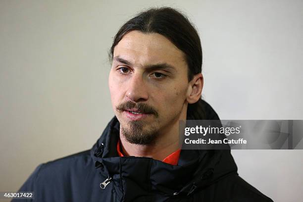 Zlatan Ibrahimovic of PSG answers to the media after the French Ligue 1 match between Olympique Lyonnais and Paris Saint-Germain FC at Stade de...