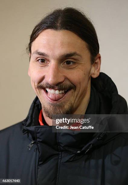 Zlatan Ibrahimovic of PSG answers to the media after the French Ligue 1 match between Olympique Lyonnais and Paris Saint-Germain FC at Stade de...