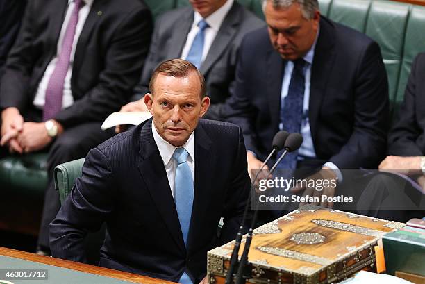 Prime Minister Tony Abbott after moving a motion on the Martin Place siege in the House of Representatives at Parliament House on February 9, 2015 in...