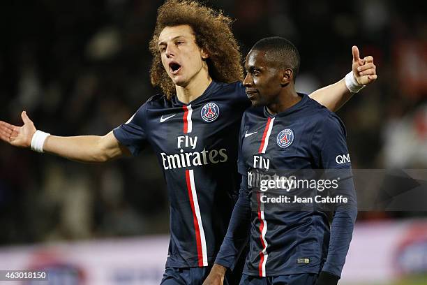 David Luiz of and Blaise Matuidi of PSG react after the French Ligue 1 match between Olympique Lyonnais and Paris Saint-Germain FC at Stade de...