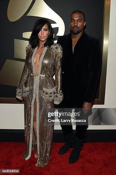 Personality Kim Kardashian and recording artist Kanye West attend The 57th Annual GRAMMY Awards at the STAPLES Center on February 8, 2015 in Los...