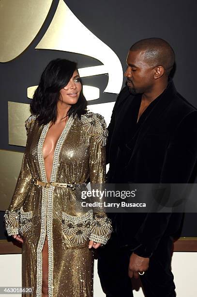 Personality Kim Kardashian and recording artist Kanye West attend The 57th Annual GRAMMY Awards at the STAPLES Center on February 8, 2015 in Los...