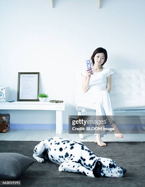 woman holding cell phone with dog at home - dalmatiner stock-fotos und bilder